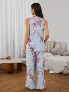 Serenescape Blue Floral Print 2 Pieces Set, Lively Ruffle Design Home Casual Wear Outfit - Baby Blue - View 2