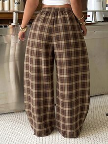 Muchica Plus Size Women's Plaid Casual Versatile Daily Travel Long Pants - Multicolor - View 2