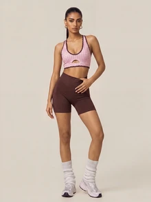 SHEIN BAE Women Pink Plaid Padded Cross Back Sports Bra Checkered Print Contrast Trim Gym Workout Training Running Yoga Athletic Sportswear Top - Baby Pink - View 6