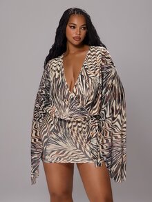 Rustia Summer New Sexy Mesh Deep V-Neck Digital Print Fitted Mini Plus Size Dress Fall - Multicolor - View 4