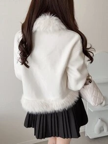 FRIFUL Women's Patchwork Fur Front Tie Long Sleeve Elegant Jacket - Beige - View 2
