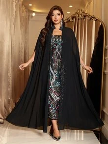 SHEIN Clasi Plus Size Women's Sequin Cami Dress And Cardigan Casual 2-Piece Set - Black - View 1