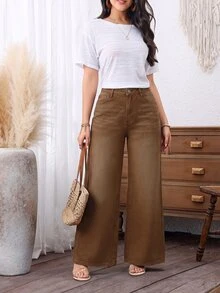 SHEIN PETITE 女款時尚百搭鈕扣口袋寬鬆寬腿牛仔褲 - 棕色 - 查看 7