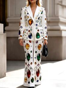 Velvienne Versatile Premium Diamond Print Elegant Plus Size Blazer 2 Pieces Set - Multicolor - View 3