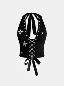ROMWE Grunge Punk Set 2 Potong untuk Wanita Ukuran Plus: Atasan Tank Top Model Halter Neck Pendek dengan Motif Bintang Punk dan Rok Mini Pinggang Sangat Rendah - Hitam - View 7