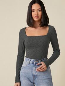 SHEIN BASICS 女款休閒純色方領修身短袖上衣 炭灰色 日常秋季穿搭 - 深灰色 - 查看 1