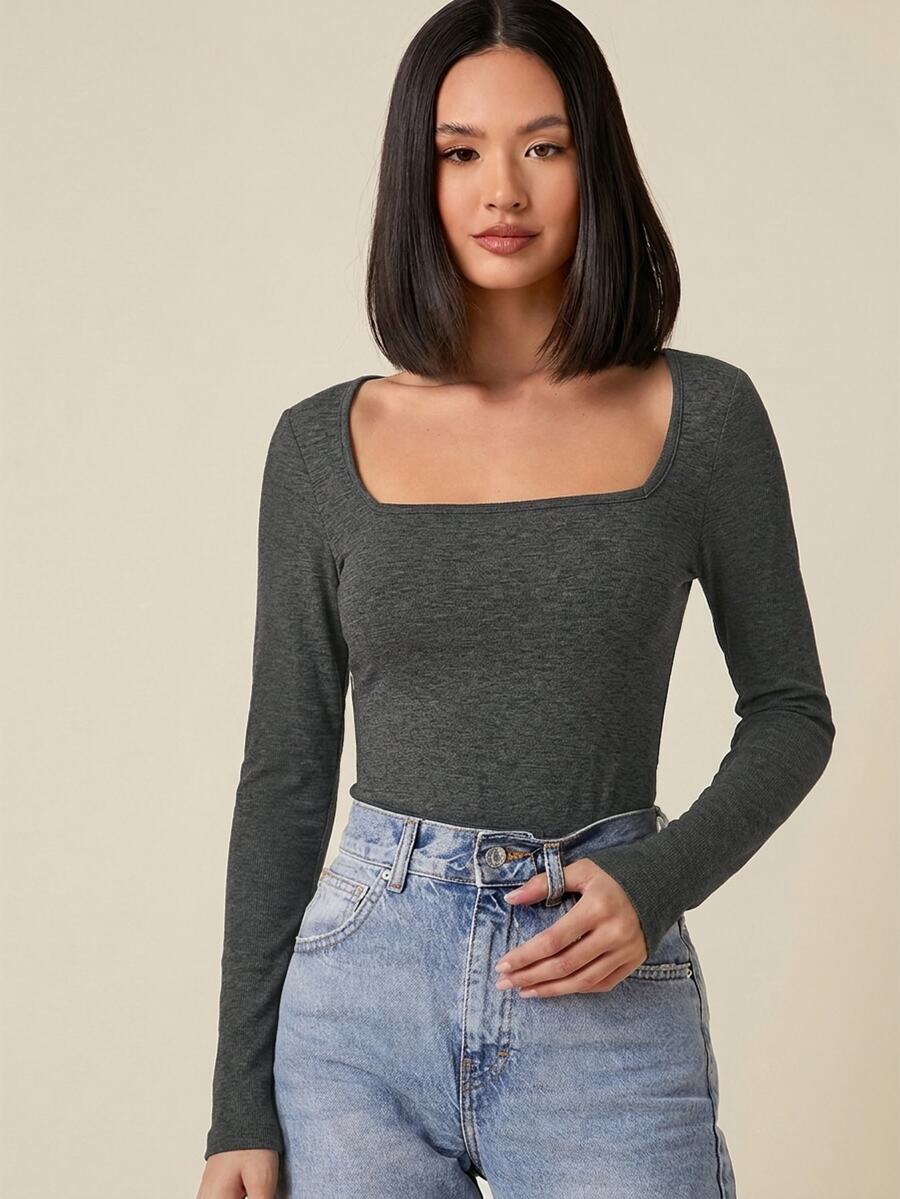 SHEIN BASICS 女款休閒純色方領修身短袖上衣 炭灰色 日常秋季穿搭 - 深灰色 - 查看 1