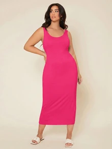 SHEIN BASICS 大尺碼純色緊身夏季洋裝 女款夏季穿搭 優雅女裝洋裝 - 玫紅色 - 查看 7