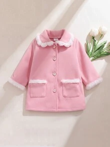 SHEIN Playful Pals 女嬰粉色羊毛大衣，白色毛領與袖口，A字版型時尚外套，適合外出，可愛且時尚 - 粉色 - 查看 3