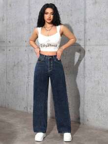 SHEIN Tall Celana Jeans Kasual Warna Polos Serbaguna untuk Wanita Tinggi - Dark Wash - View 6