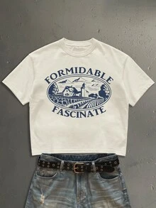 StoneGrade 美式復古田園風時尚休閒圖案印花男士杏色標準尺寸短版寬鬆短袖T恤 - 杏色 - 查看 1