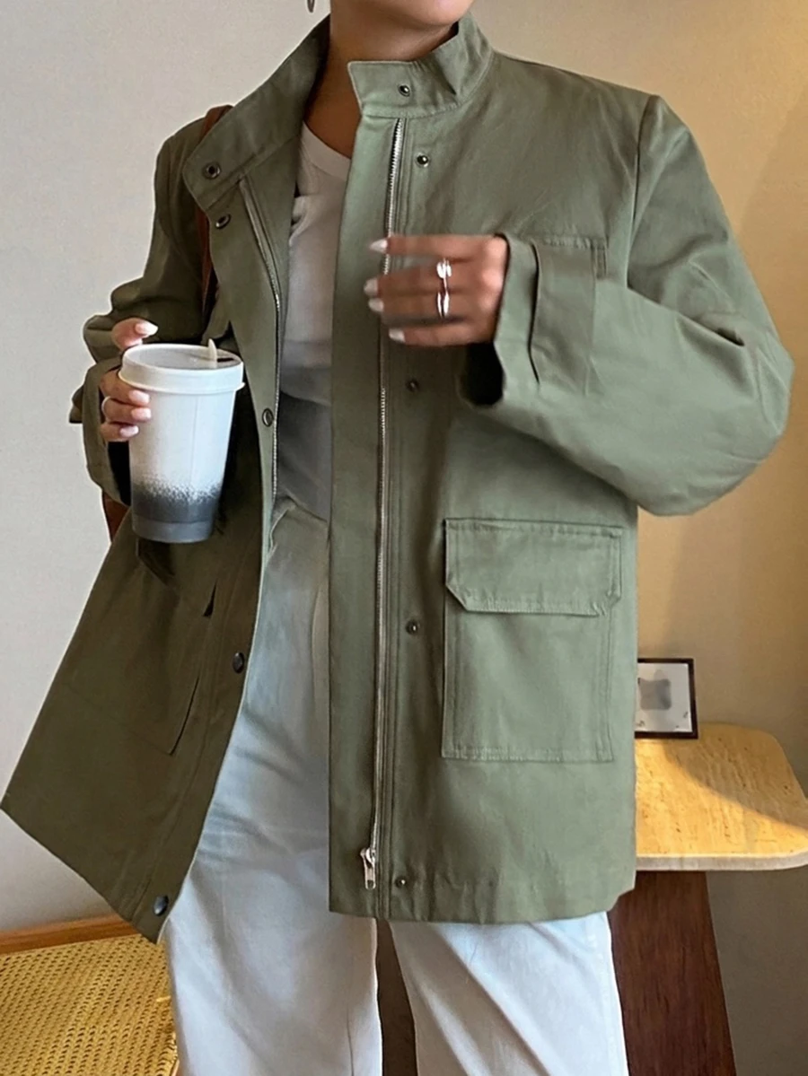 Dazy Plus Solid Color Loose Fit Utility Motorcycle Pocket Street Casual Spring/Autumn New Regular Jacket - Army Green - View 1
