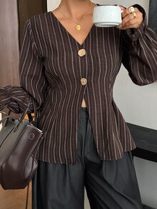 Dazy Plus V-Neck Fitted Striped Bell Sleeve Blazer, Casual Chic Commuter Style, Spring/Autumn New Arrival - Brown - View 7