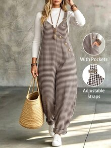 Linhara CURVE Plus Size Women's Autumn/Winter Houndstooth Plaid Decorative Buckle Pocket Overalls, Versatile For Outings, Commuting And Casual Wear - Brown - View 4