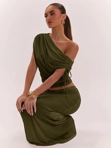 SHEIN BAE 秋冬款純色杏色優雅不對稱網紗上衣搭配長款優雅裙女款兩件套 - 軍綠色 - 查看 7