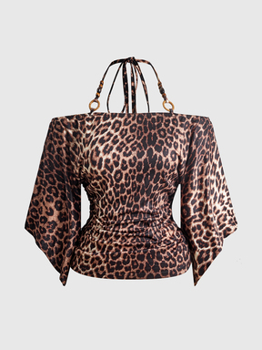 Y2K Retro Leopard Print Loose Off-Shoulder Wooden Bead Decor Halter Neck Batwing Sleeve Plus Size Women's T-Shirt