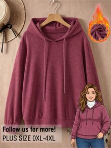 Rusticease Plus Size Solid Pink Hooded Long Sleeve Drawstring Casual Traditional Baggy Sweatshirt Autumn 2026 Formal Home Wear Vacation - Redwood - View 3