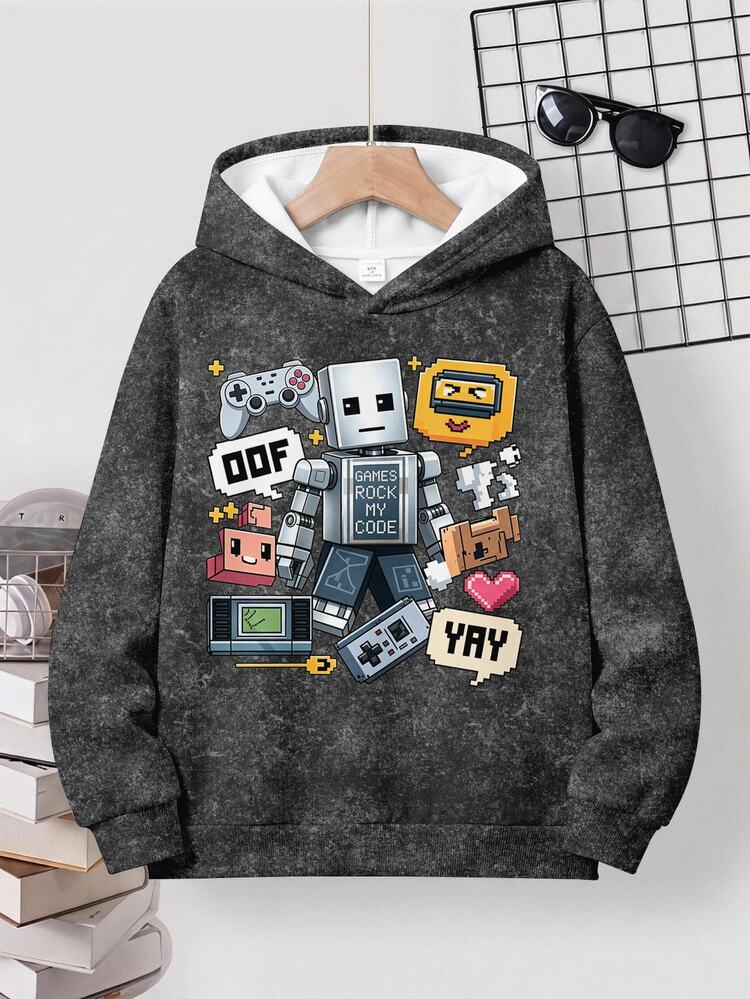 Teen Boy Casual Minimalist Loose Fit Crew Neck Long Sleeve Comfortable Hooded Sweatshirt Suitable For Autumn/Winter - Multicolor - View 3