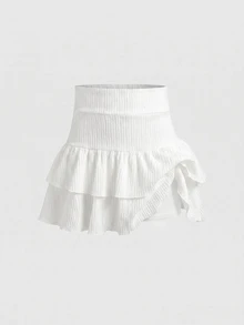SHEIN 青少年女孩針織純色可愛荷葉邊分層內建短褲迷你裙，Y2K時尚個性女孩款 - 白色 - 查看 5