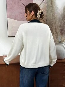 Lounesse Plus Size Women's Colorblock Zipper Casual Versatile Daily Wear Cardigan - White - View 8