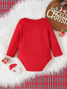 SHEIN Infant Baby Boy Girl Unisex Cute Christmas Pattern Reindeer Design Red Color Romper - Orange - View 2