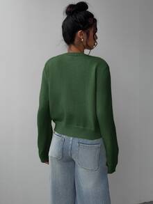 SHEIN BASICS 女款休閒純色圓領長袖寬鬆短版黑色針織開襟外套 冬季外套 - 墨綠色 - 查看 2