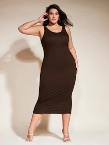 SHEIN BASICS 大尺碼純色貼身夏季洋裝 女款夏季穿搭 優雅女裝洋裝 - 咖啡棕 - 查看 2