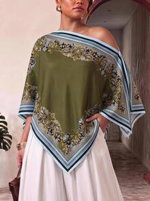 Truni Plus-Size Women's Green Plaid Bohemian Style European Elegant Print Color-Blocked Top - Multicolor - View 5