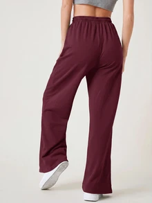 SHEIN BASICS Terry Fleece Wide Leg Drawstring Waist Pants Summer Outfit For Women - Burgundy - View 2