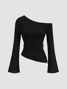 Sunnyshic Women's Asymmetrical Shoulder Flared Long Sleeve Asymmetrical Hem Waist Side Ruched Metal Button T-Shirt - Black - View 1