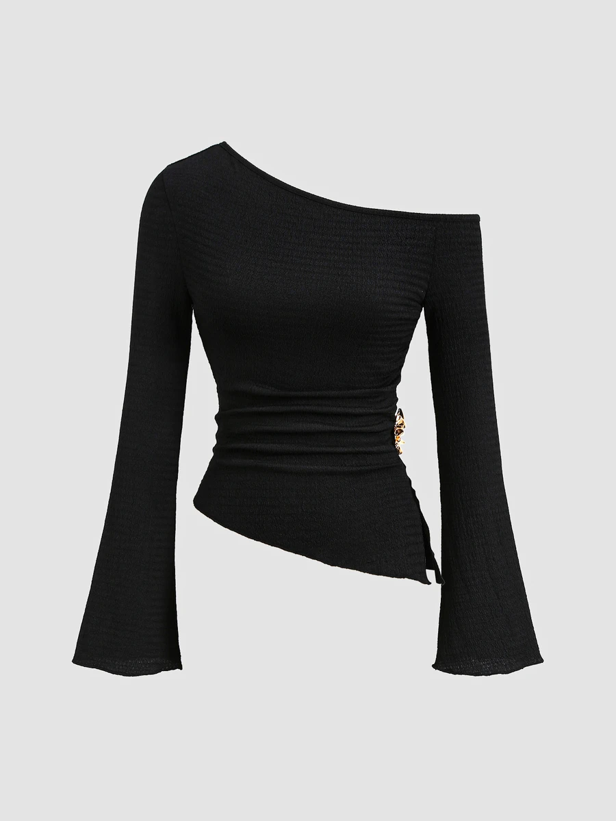 Sunnyshic Women's Asymmetrical Shoulder Flared Long Sleeve Asymmetrical Hem Waist Side Ruched Metal Button T-Shirt - Black - View 1