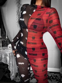 Whyspr BATMAN X SHEIN Plus Size Women's Colorblock Casual Everyday Jumpsuit - Red - View 4