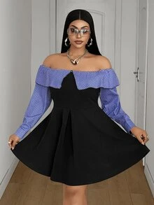 Maweii Spring Autumn Winter Plaid Patchwork Knit Fabric Waist-Cinched A-Line Ruffle Hem Elegant Sexy Black Plus Size Women's Knee-Length Dress Night Fall - Black - View 4