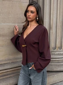 Aloruh Women's Solid Color V-Neck Casual Versatile Daily Long Sleeve Jacket,New Fall Styles - Coffee Brown - View 3