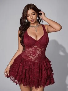 Viva Relle Burgundy Sheer Floral Lace Spaghetti Strap Mini Dress Scallop Lace Neckline Ruffled Voluminous Tier Hem Homecoming Holiday Cocktail Party Gown - Burgundy - View 3