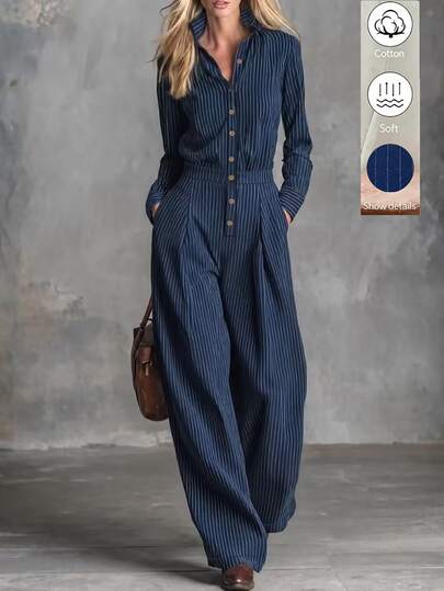 SHEIN Women Navy White Pinstripe Lapel Long Sleeve Jumpsuit Pleated High Waist Wide Leg Casual Romper