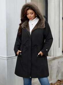 SHEIN Clasi Plus Size Women's Fur Collar Long Sleeve Drawstring Waist Casual Jacket - Black - View 7