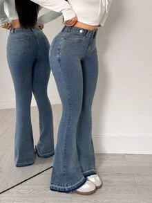 Flexra Women's Hot Girl Street Style Button Pocket Flared Jeans - Light Wash - View 4