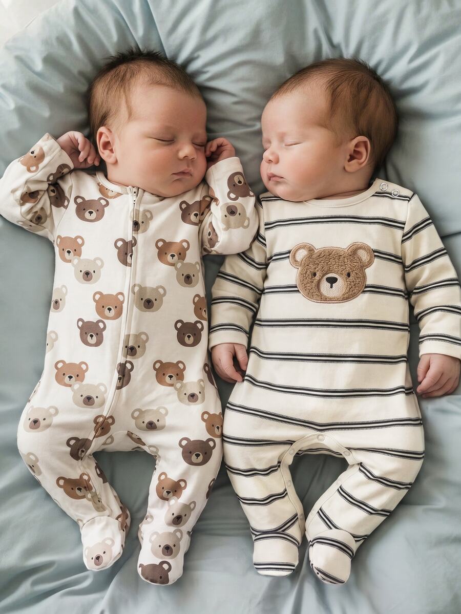 SHEIN Kids Newborn Cute Knitted Cartoon Pattern Striped Pattern Home Wear Romper 2pcs Set - Multicolor - View 1