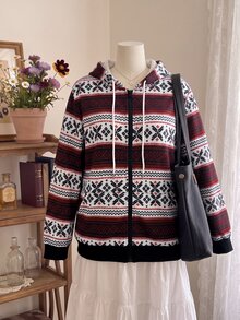Rusticease Chaqueta con capucha y estampado geométrico de talla grande - Multicolor - Ver 9