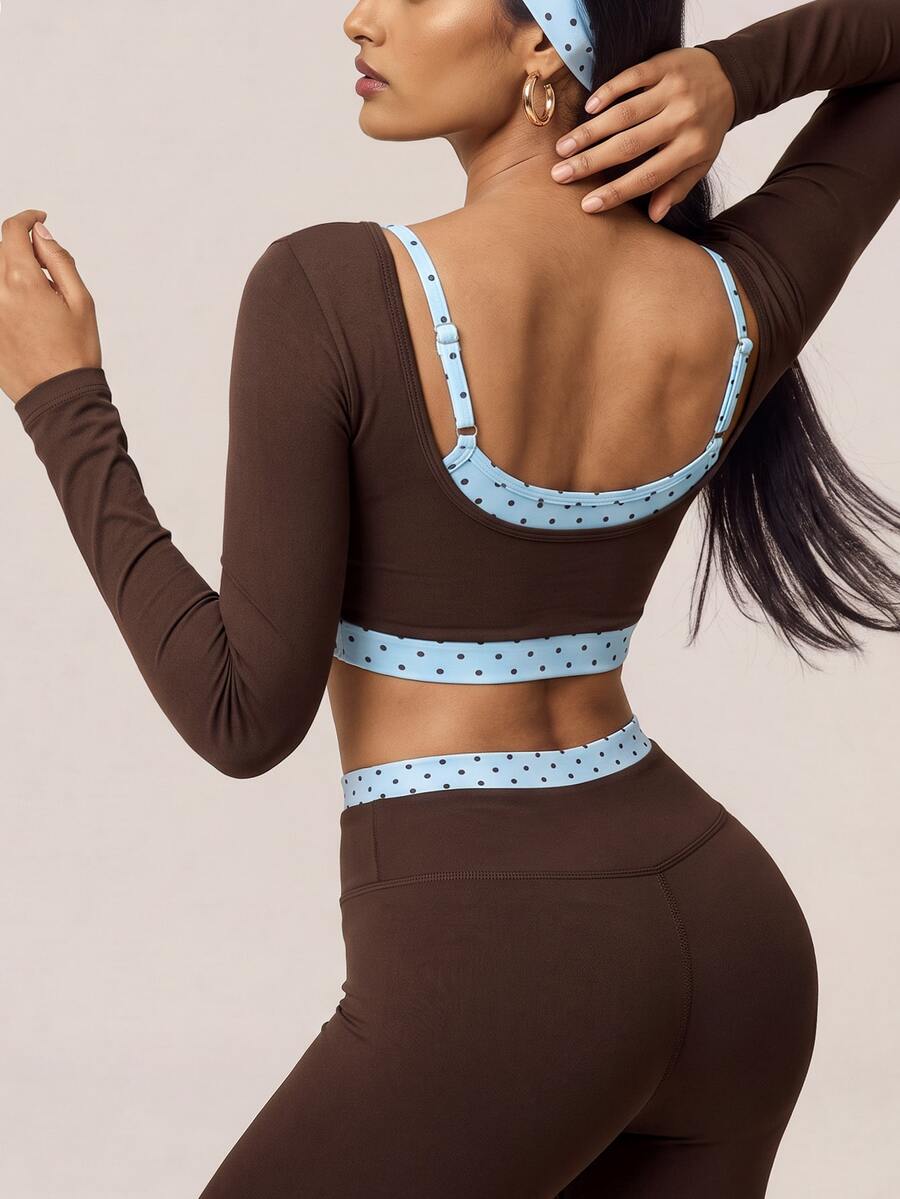 SHEIN BAE Women Brown Cross Back Open Back Long Sleeve T-Shirt Gym Workout Training Running Yoga Athletic Activewear
