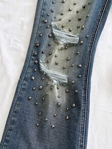 Soleia Women's Beaded Design Pocket Distressed Casual Flare Jeans - Multicolor - View 6