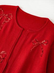 SHEIN Clasi Cardigan Rajut Wanita Ukuran Besar Lengan Panjang Berpayet dengan Pita dan Bagian Depan Terbuka, Warna Merah Musim Gugur, Motif Langit Berpayet - Merah - View 3