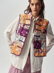 Bohemela Women's Floral Print Frog Button Design Casual Vest Jacket - Multicolor - View 2