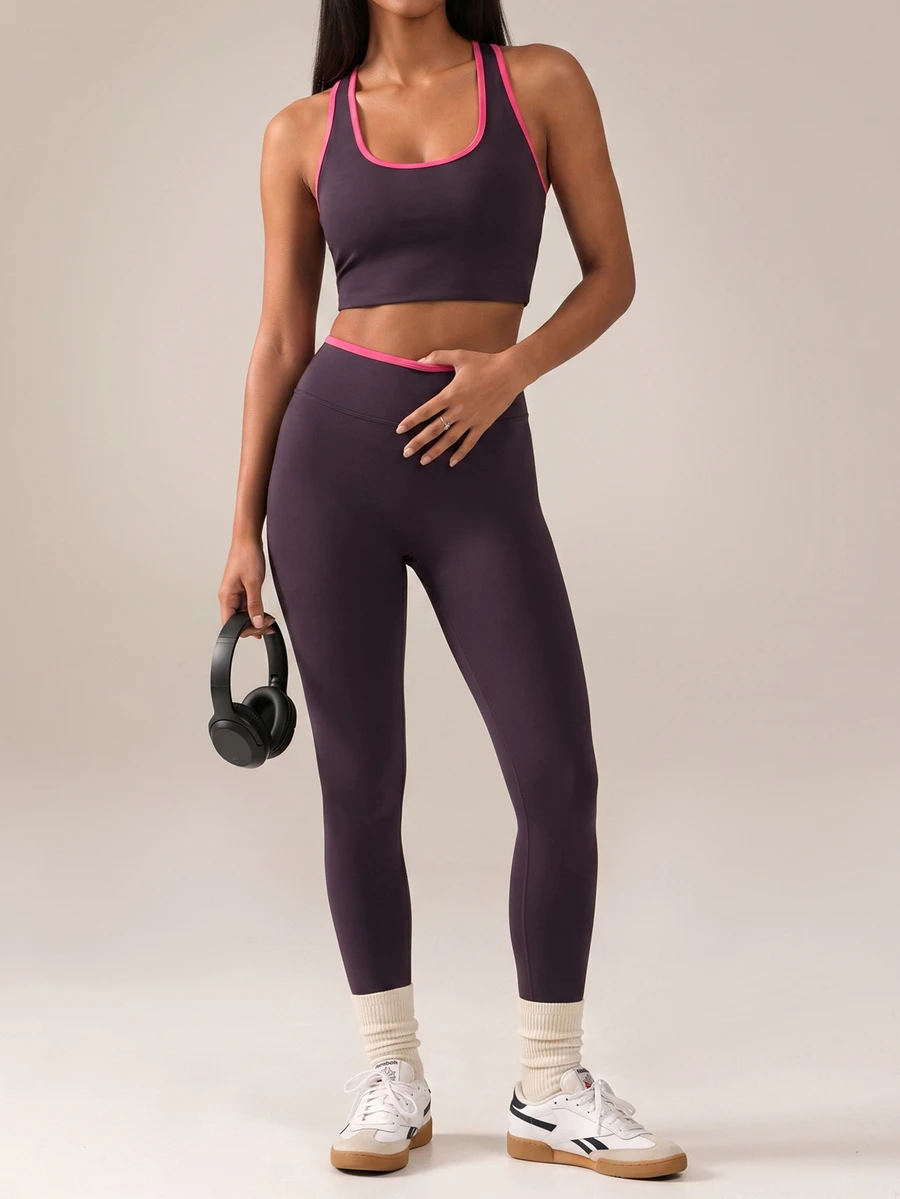 SHEIN BAE 女款滾邊背心與緊身褲日常健身運動套裝 - Bold Plum - 查看 1