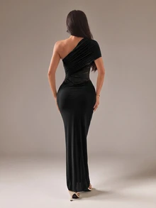 SHEIN PETITE Spring Summer New Elegant Romantic Sexy Mesh Contrast Lace Sheer Waist One Shoulder Ruched Cold Shoulder Cinched Cinched Waist Fitted Black Dress - Black - View 2