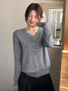 DAZY Women's V-Neck Lace Patchwork Polka Dot Casual Knit Cardigan Fall - Dark Grey - View 7