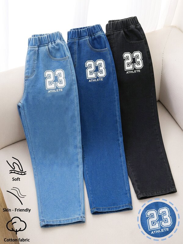 3pcs/Set Celana Jeans Denim Anak Laki-laki, Gaya Kasual Liburan Fashion Streetwear Lucu Personalisasi Serbaguna Minimalis, Multi-Warna, Liburan Musim Panas, Celana Panjang Denim Longgar Tanpa Peregangan dengan Pinggang Elastis dan Cetakan Huruf, Nyaman, dan Bahan Katun