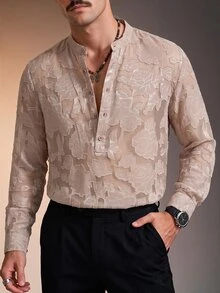 ZURIURI Men's Luxury Minimalist Floral Cut Button Half-Placket Shirt - Apricot - View 7