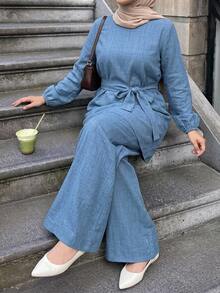 Dazy Plus Solid Color Casual Pullover Top With Tie Detail, Elegant & Versatile Commuter Long Pants, Spring/Autumn New 2-Piece Set - Blue - View 1